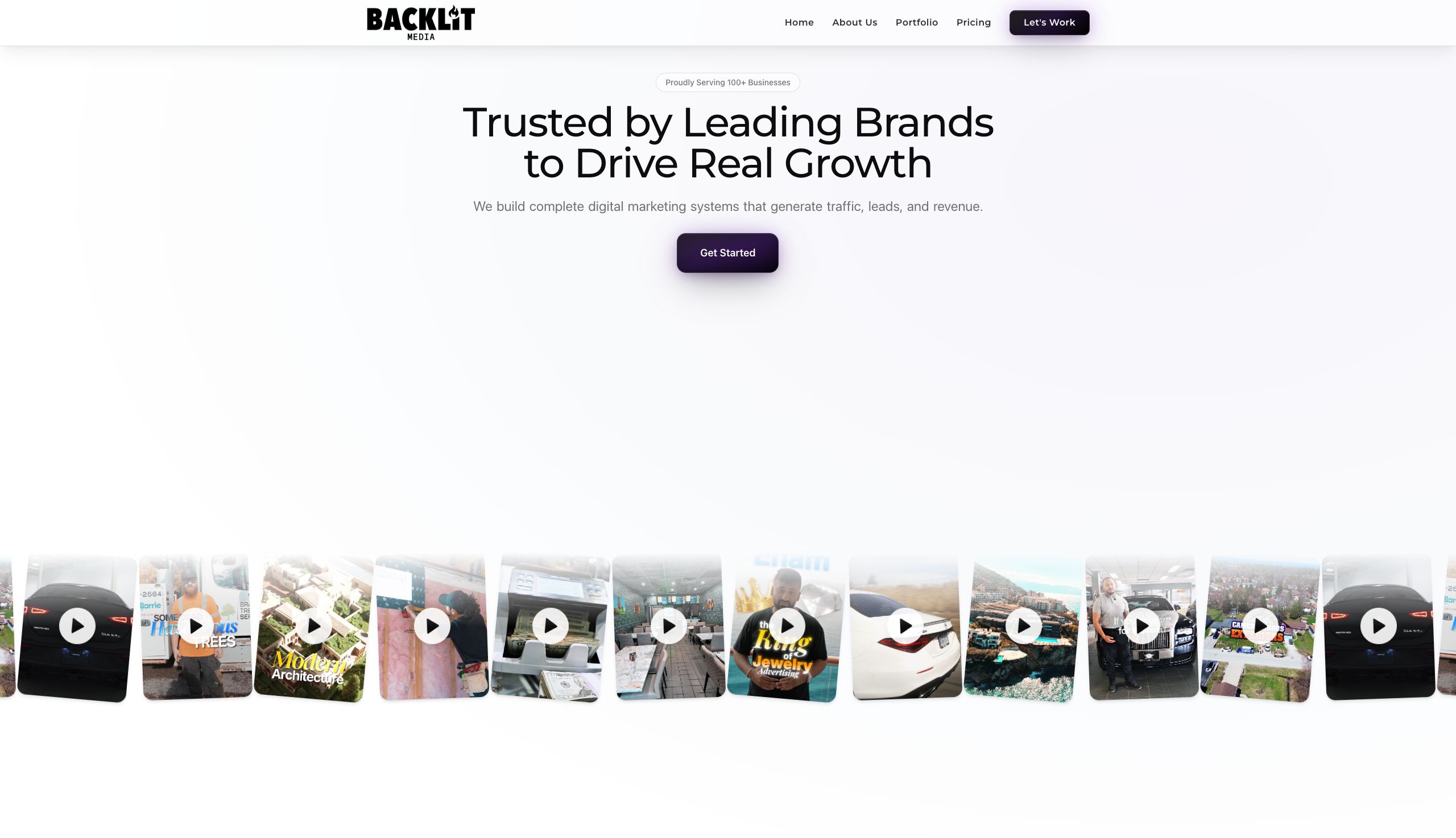 Homepage of the Backlit Media website, with the headline Trusted by Leading Brands to Drive Real Growth above a carousel of client video work.