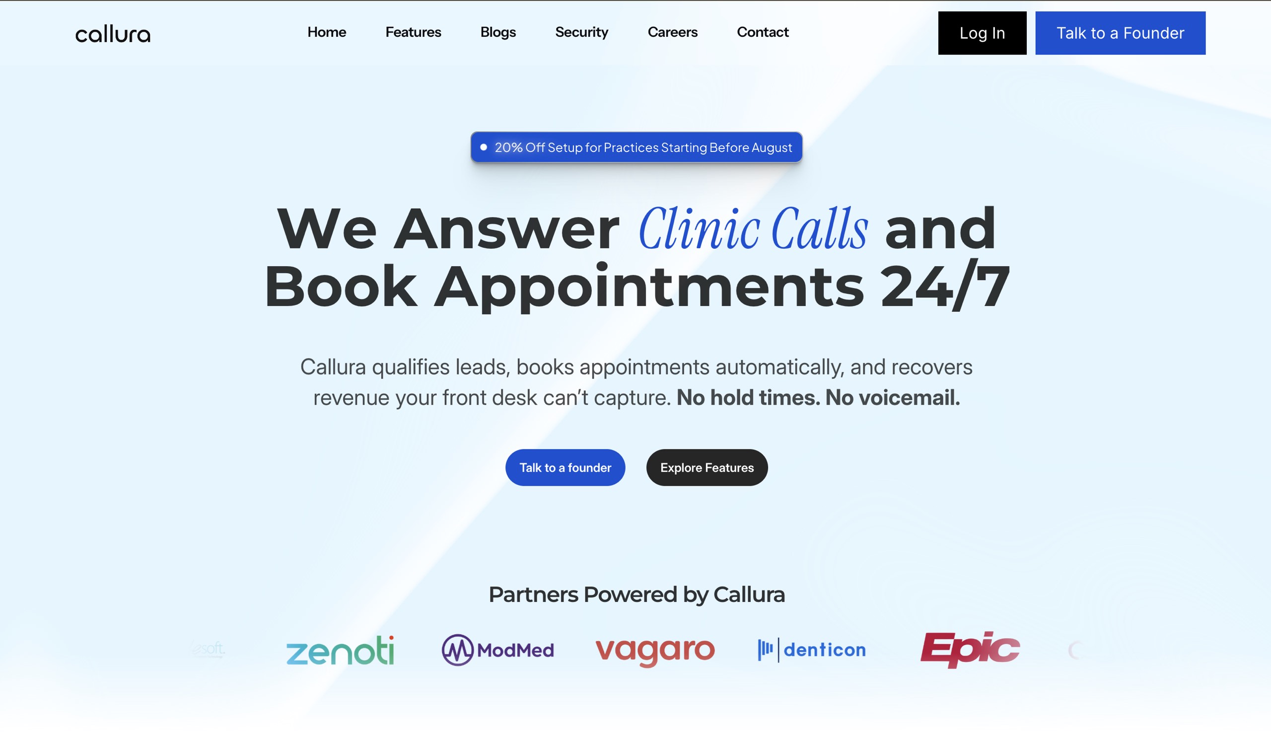 Homepage of the Callura website, with the headline We Answer Clinic Calls and Book Appointments 24/7 above a row of partner logos.