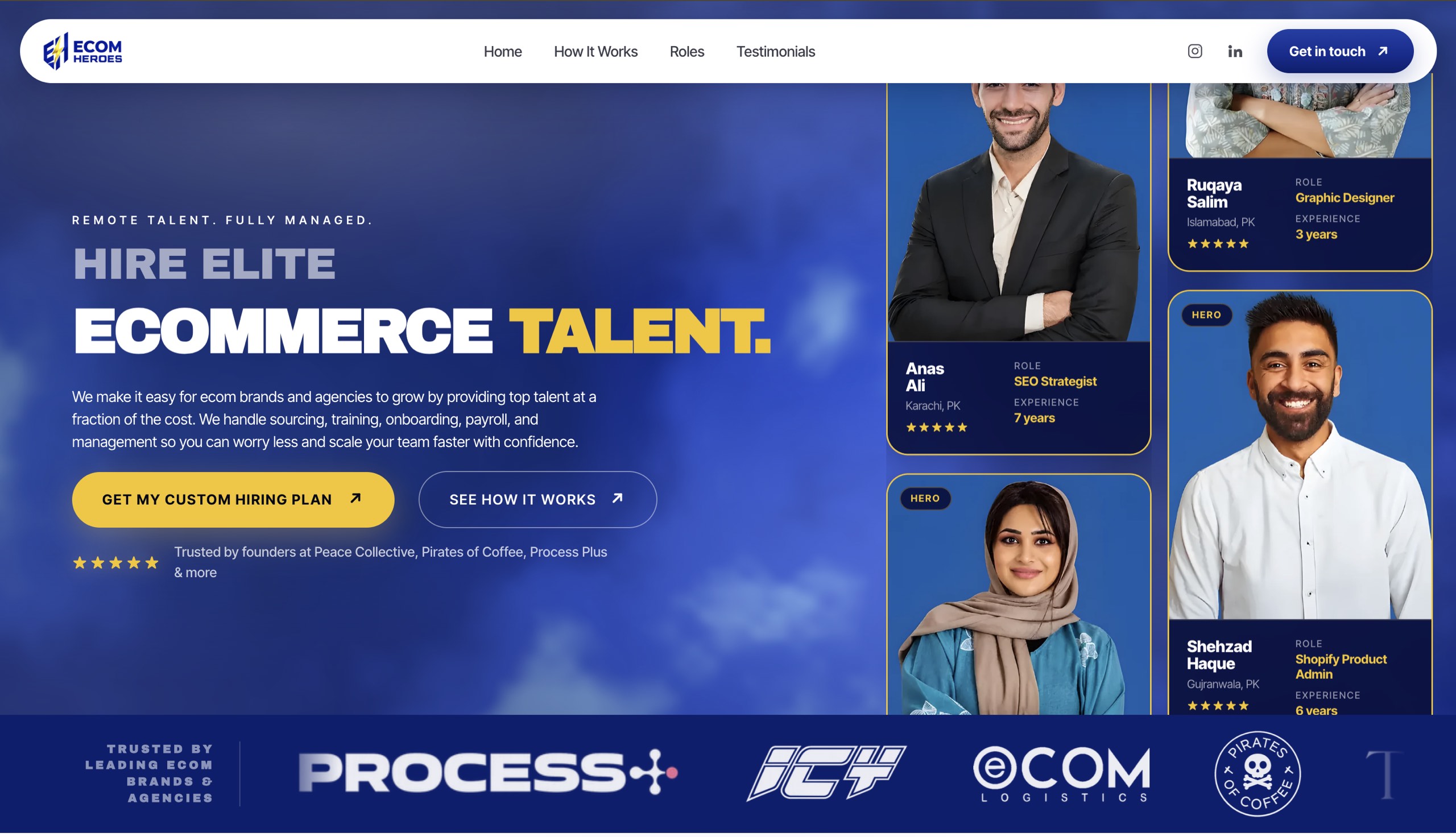 Homepage of the Ecom Heroes website, with the headline Hire Elite Ecommerce Talent beside a grid of team member cards.