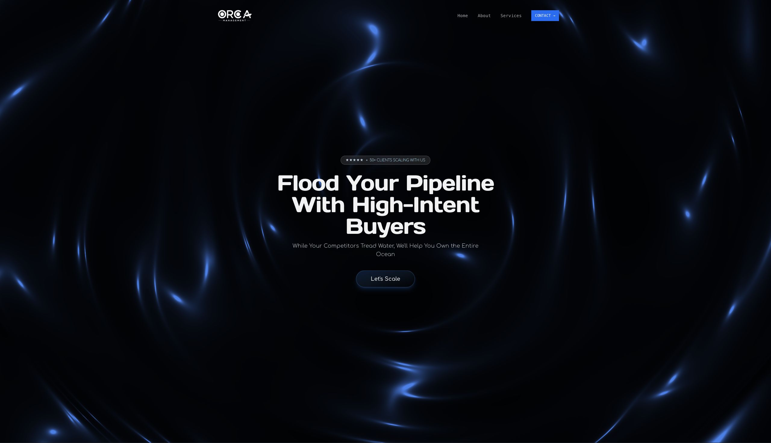 Homepage of the Orca Management website, with the headline Flood Your Pipeline With High-Intent Buyers over a dark ocean current background.