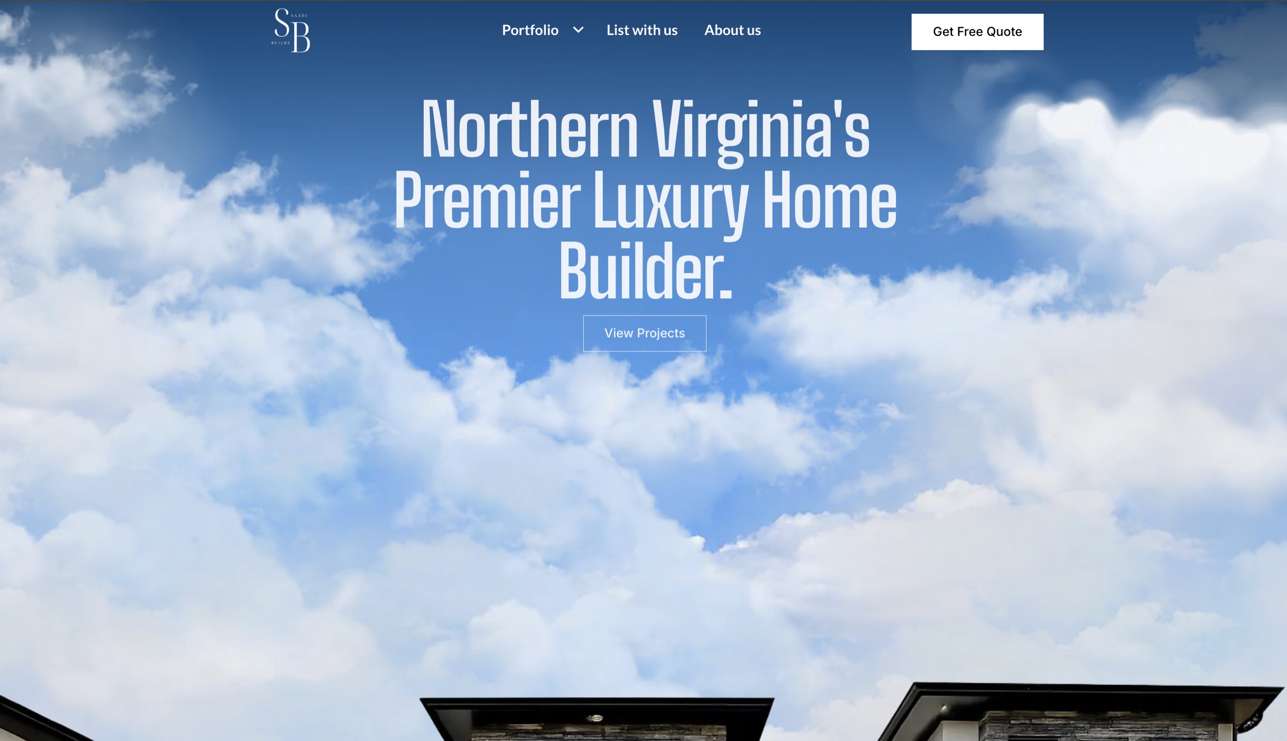 Homepage of the Saadi Builds website, with the headline Northern Virginia's Premier Luxury Home Builder over a sky and rooftop photograph.