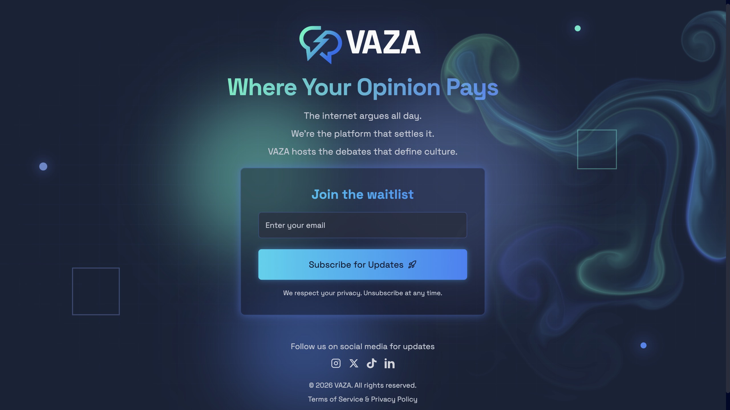 Pre-launch landing page of the VAZA website, with the headline Where Your Opinion Pays above a join-the-waitlist email form.
